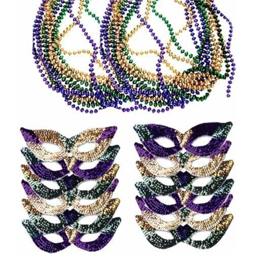 2683 Mardi Gras Face Mask & Beads - Mardi Gras Mask Bulk - Masquerade Masks